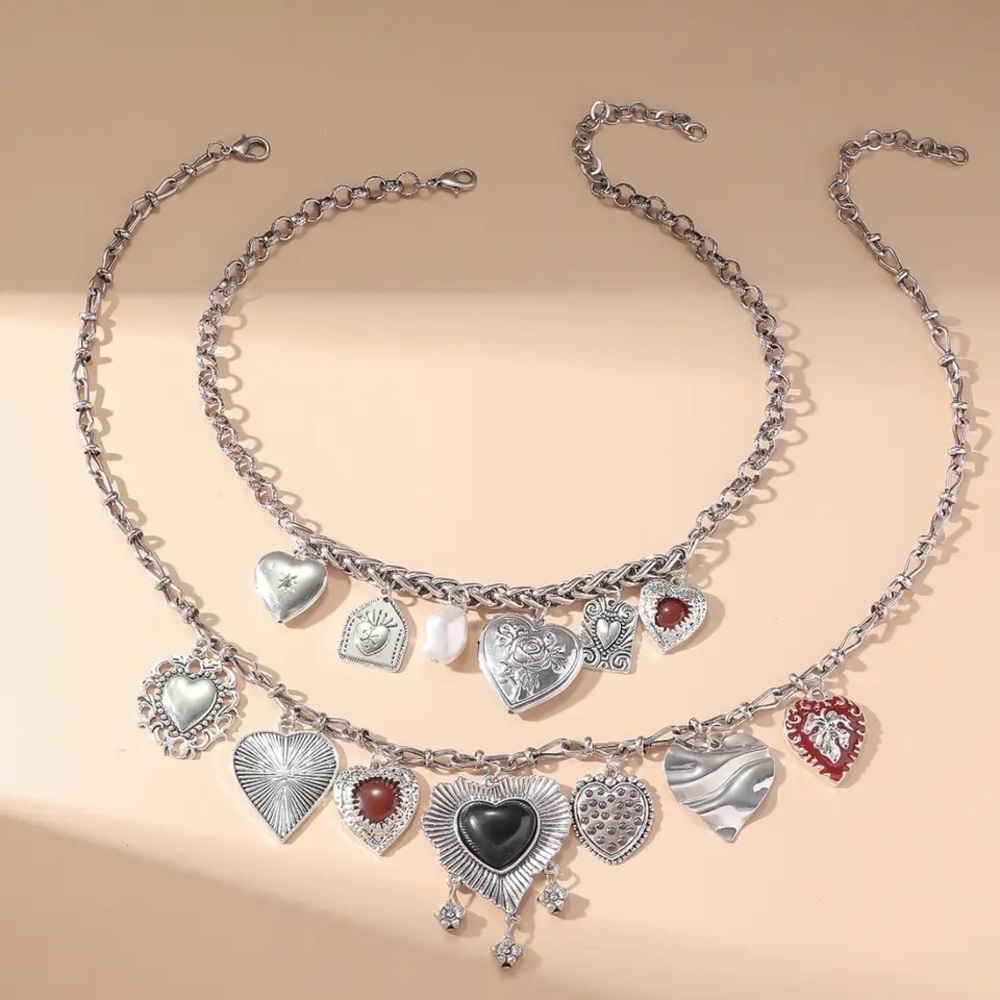 Zara 2-chains Heart Drop Charms Double Chain Necklaces Set - Picture 8 of 16